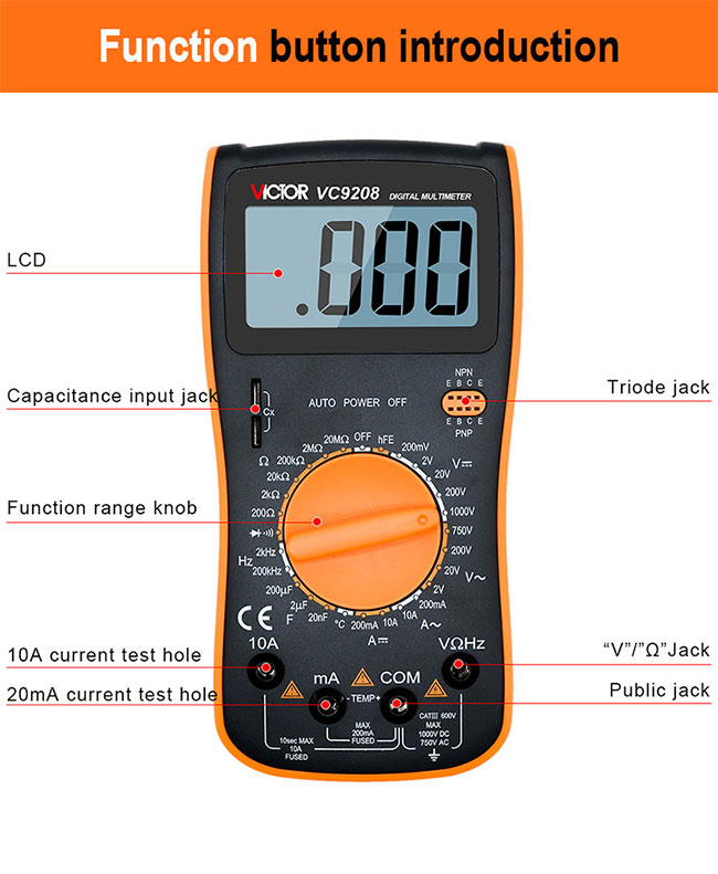 VC9208 Manual Range Digital Multimeter LCD Display With Backlight