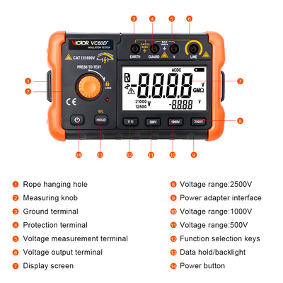 VICTOR 60D+ displays in 2000 digits intelligent micro-insulation tester Short circuit measurement current more than 1 mA