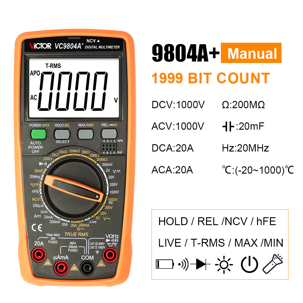 True Rms Pocket Multimeter Victor VC9804A+ 9804 Pocket Multimeter True RMS AC DC 1000V 20A ...