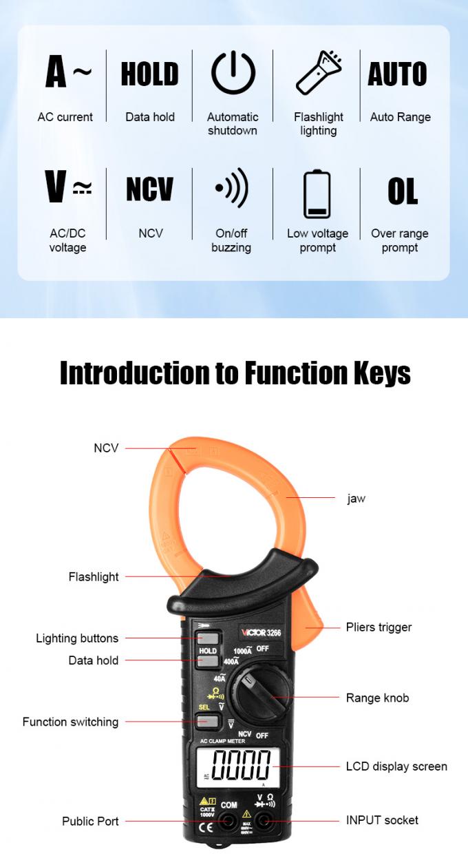 VICTOR 3266 HIGH-PRECISION DIGITAL CLAMP METER large screen display maximum display 4000 word height 15m 5